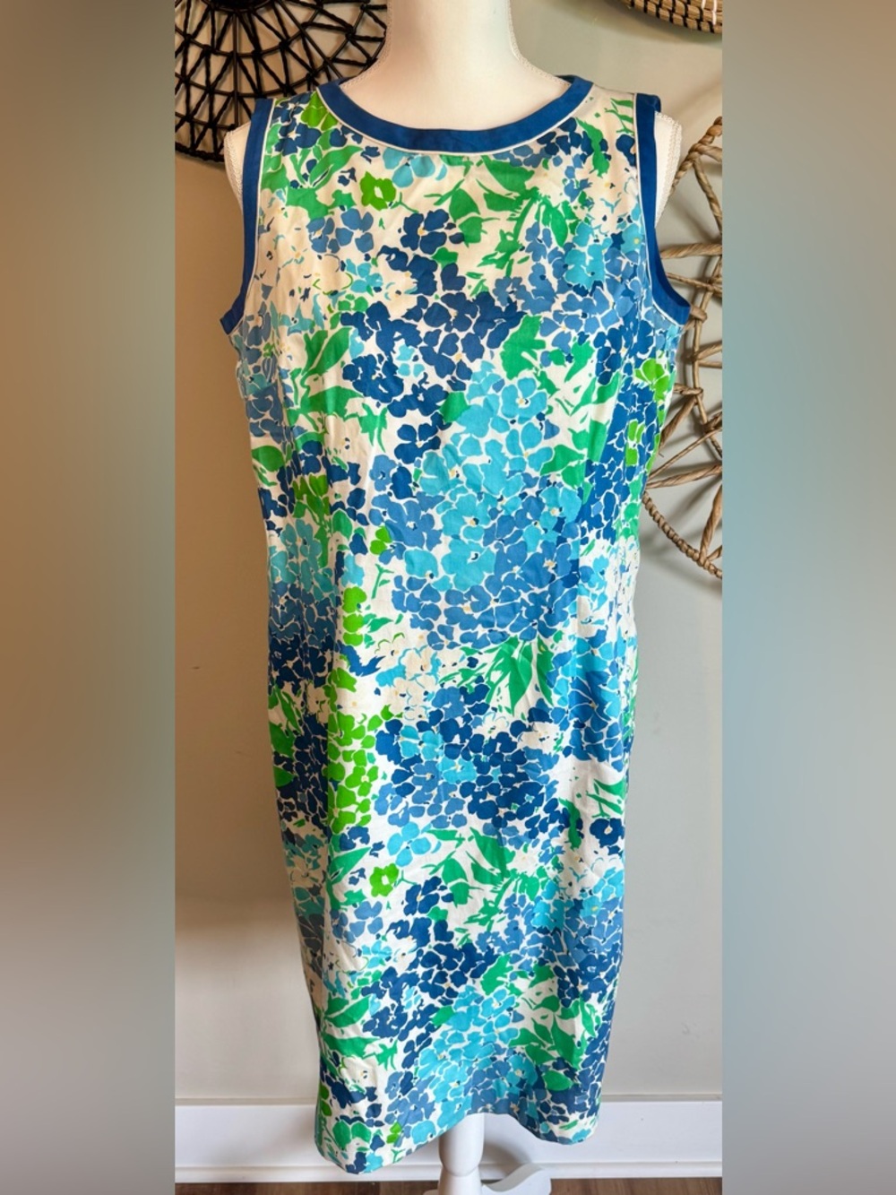 Talbots Blue, Green & White Floral Sleeveless Shift Dress Size 14